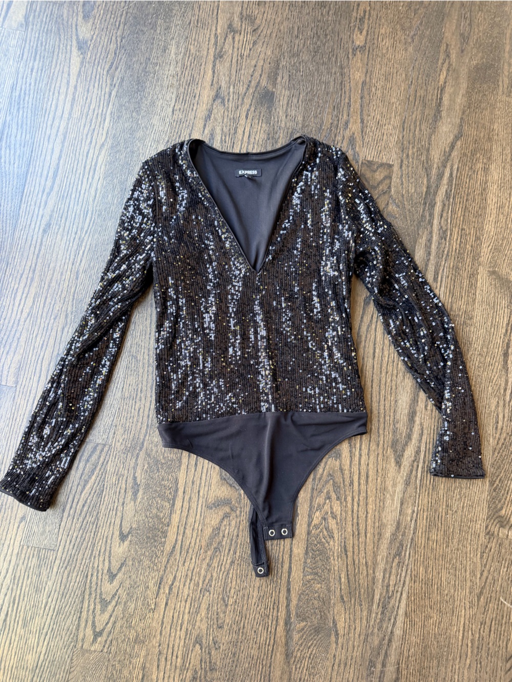 Express Black Sequin Long-Sleeve V-Neck Bodysuit